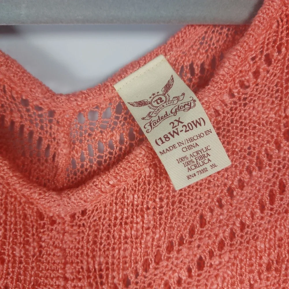 Faded Glory Womens 2X Coral ‎ Tunic Sweater Handkerchief Hem Stretch Sheer
